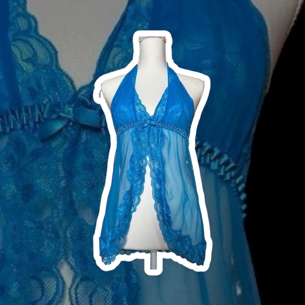 Frederick's of Hollywood Lingerie Babydoll Halter Chemise Lace Blue Small‎ Y2K